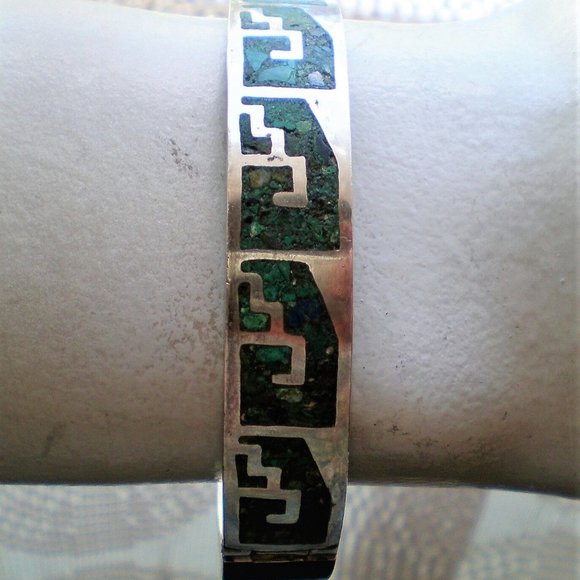 Taxco Mexico Sterling Silver Hecho En Eagle Mark Malachite Inlay Bangle Bracelet